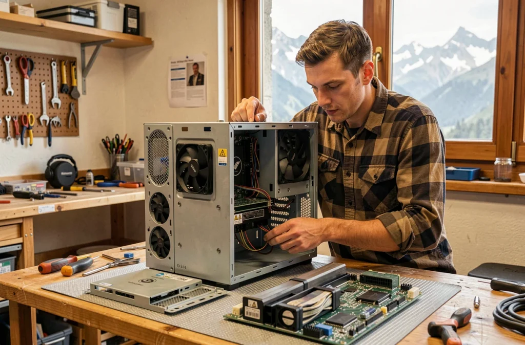 Technicien ouvrant un PC de bureau pour réparation dans un atelier à Bassens en Savoie