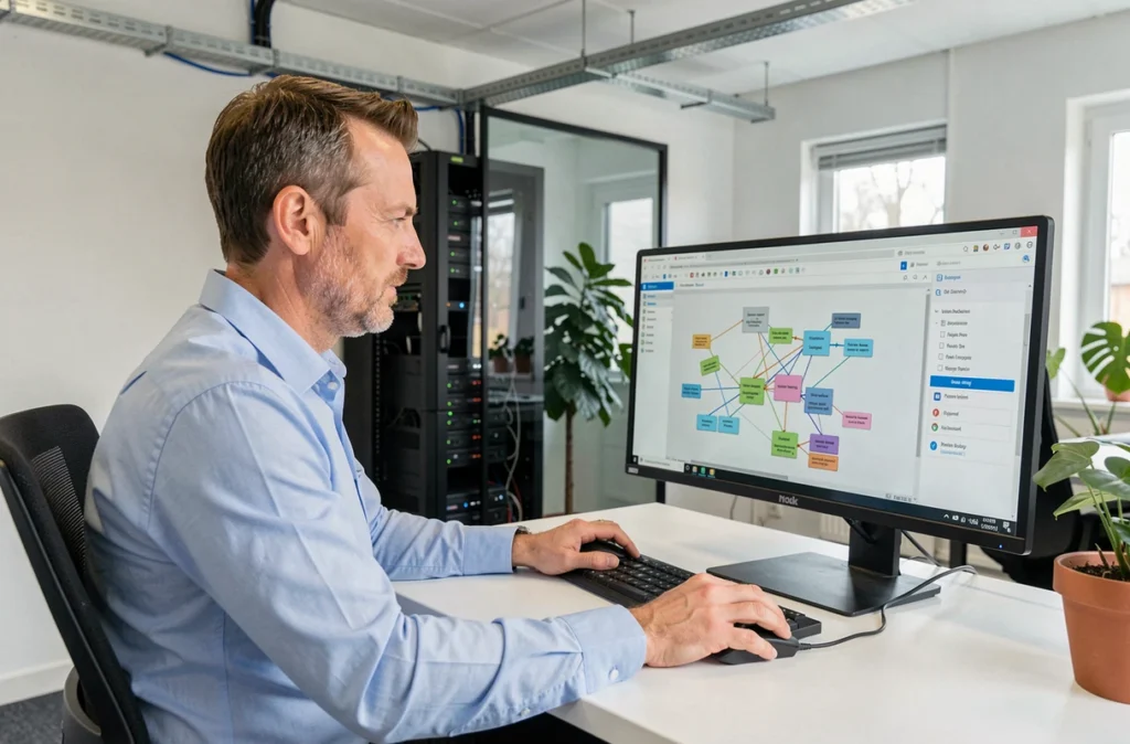 Consultant informatique de PCC Informatique à Sarreguemines examinant des diagrammes réseau sur un grand écran dans un bureau professionnel moderne
