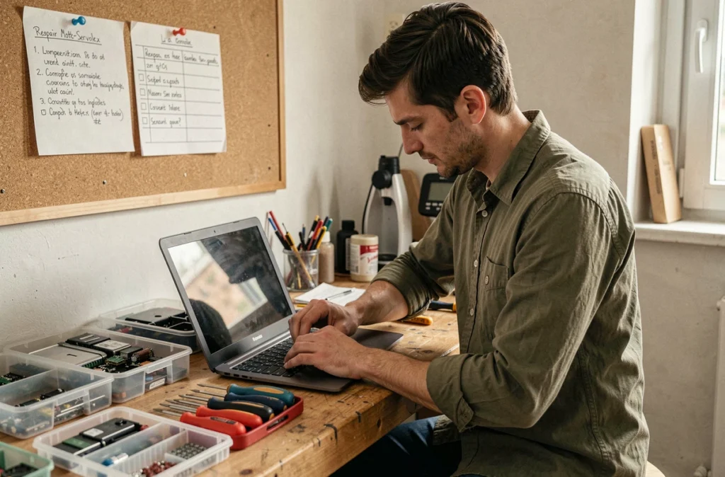 Technicien remontant un ordinateur portable après réparation dans son atelier informatique à La Motte-Servolex
