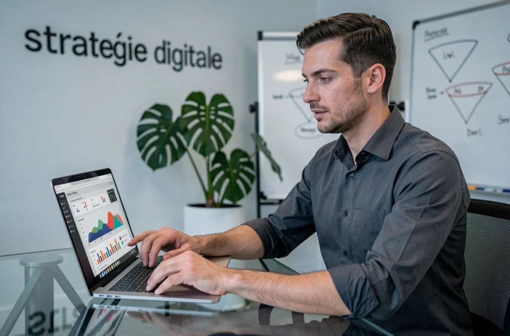 Stratège e-marketing de l'agence Première Place à Mulhouse analysant une campagne digitale