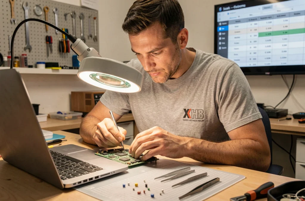 Technicien soudant un composant sur une carte mère dans un atelier de réparation informatique à Saint-Étienne