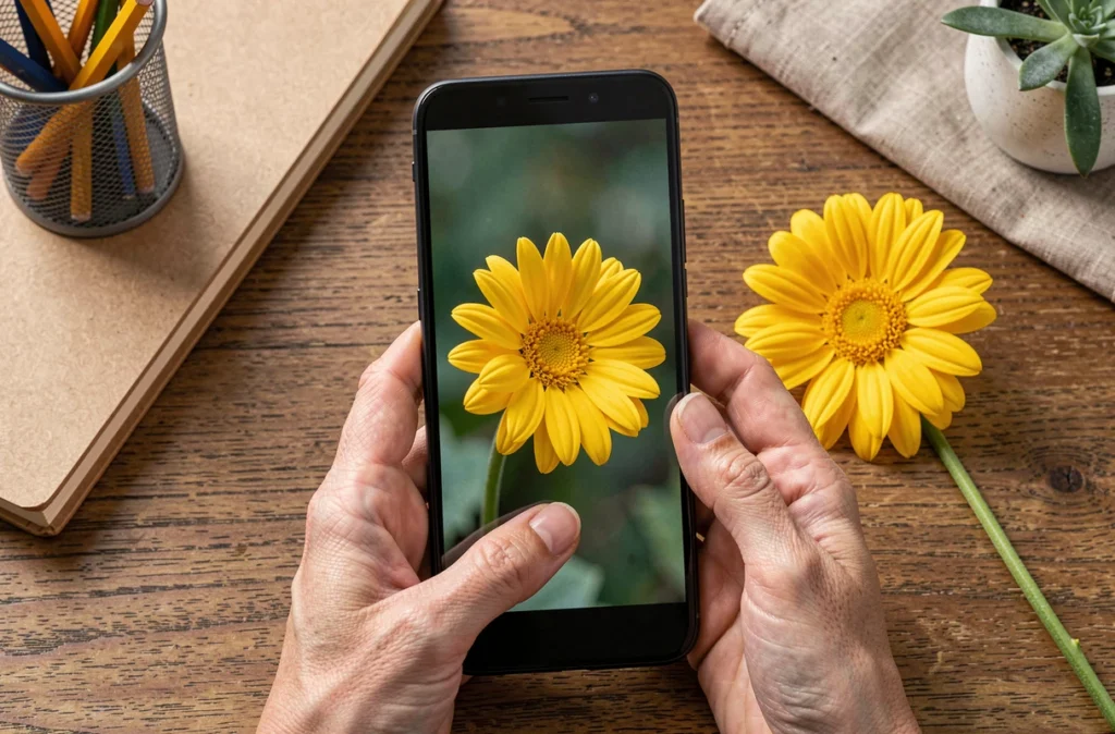 Mains tenant un smartphone abordable affichant une photo macro d'une fleur sur un bureau en bois