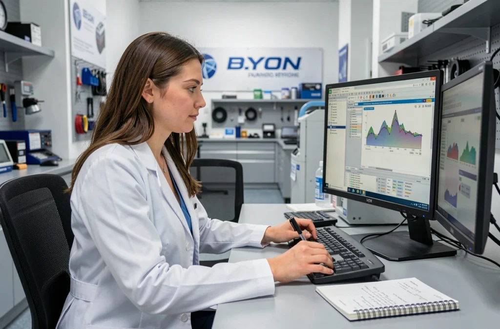 Technicienne effectuant un diagnostic informatique dans une boutique de dépannage à Lyon