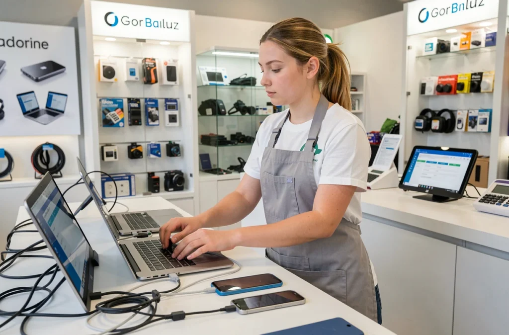 Technicienne de Tech Box à Metz connectant des câbles de diagnostic à plusieurs appareils multimarques sur un comptoir de réparation
