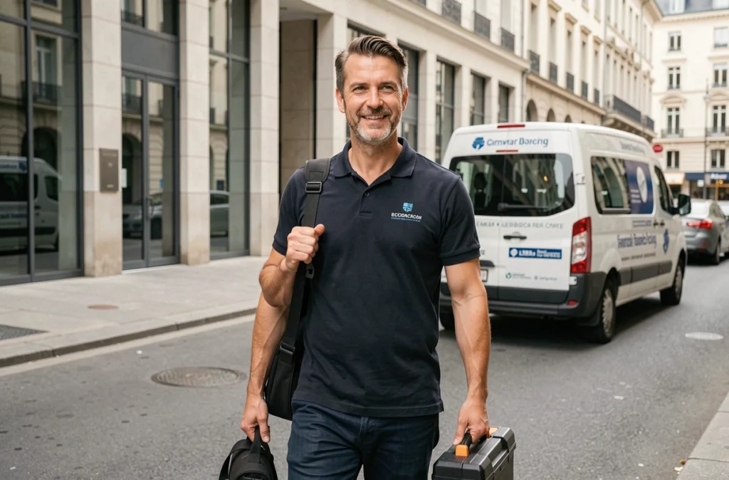 Technicien informatique itinérant se rendant chez un client dans le quartier d'affaires de Lyon