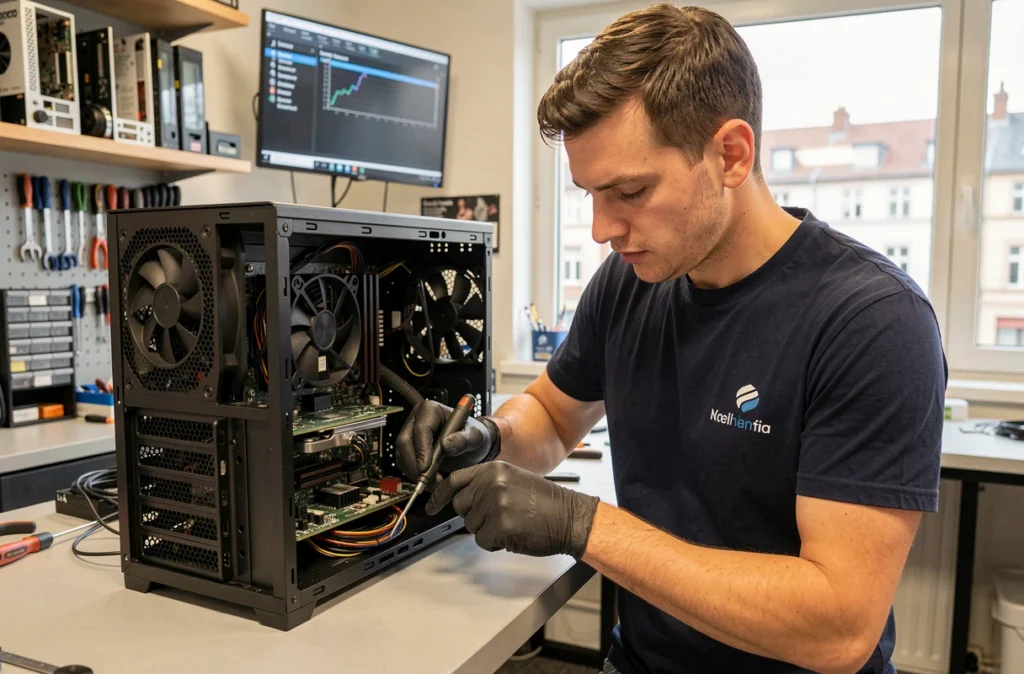 Technicien de Technofix à Metz inspectant l'intérieur d'un ordinateur de bureau ouvert sur un établi de réparation informatique