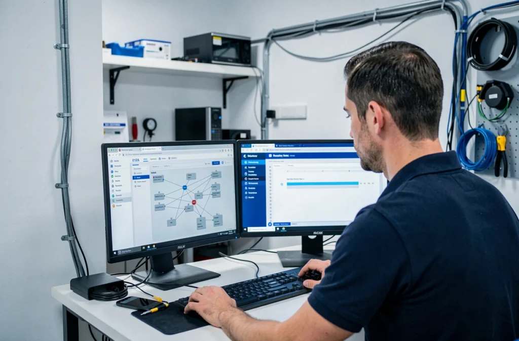 Technicien configurant un réseau et effectuant une récupération de données dans une boutique informatique à La Motte-Servolex